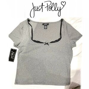 JUST POLLY Black and Grey w/faux under lace Crop-top size XL NWT